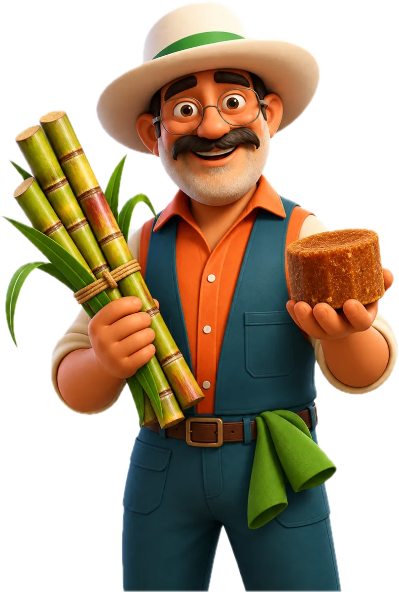Campesino panelero con caña de azúcar y panela orgánica en la mano